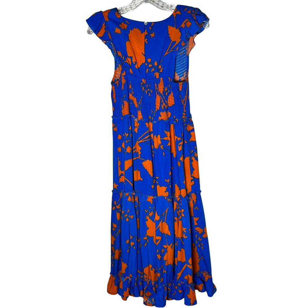 Abel the Label  Floral Smocked Tiered Midi Dress Women's Size XS Blue / Orange - Picture 3 of 5